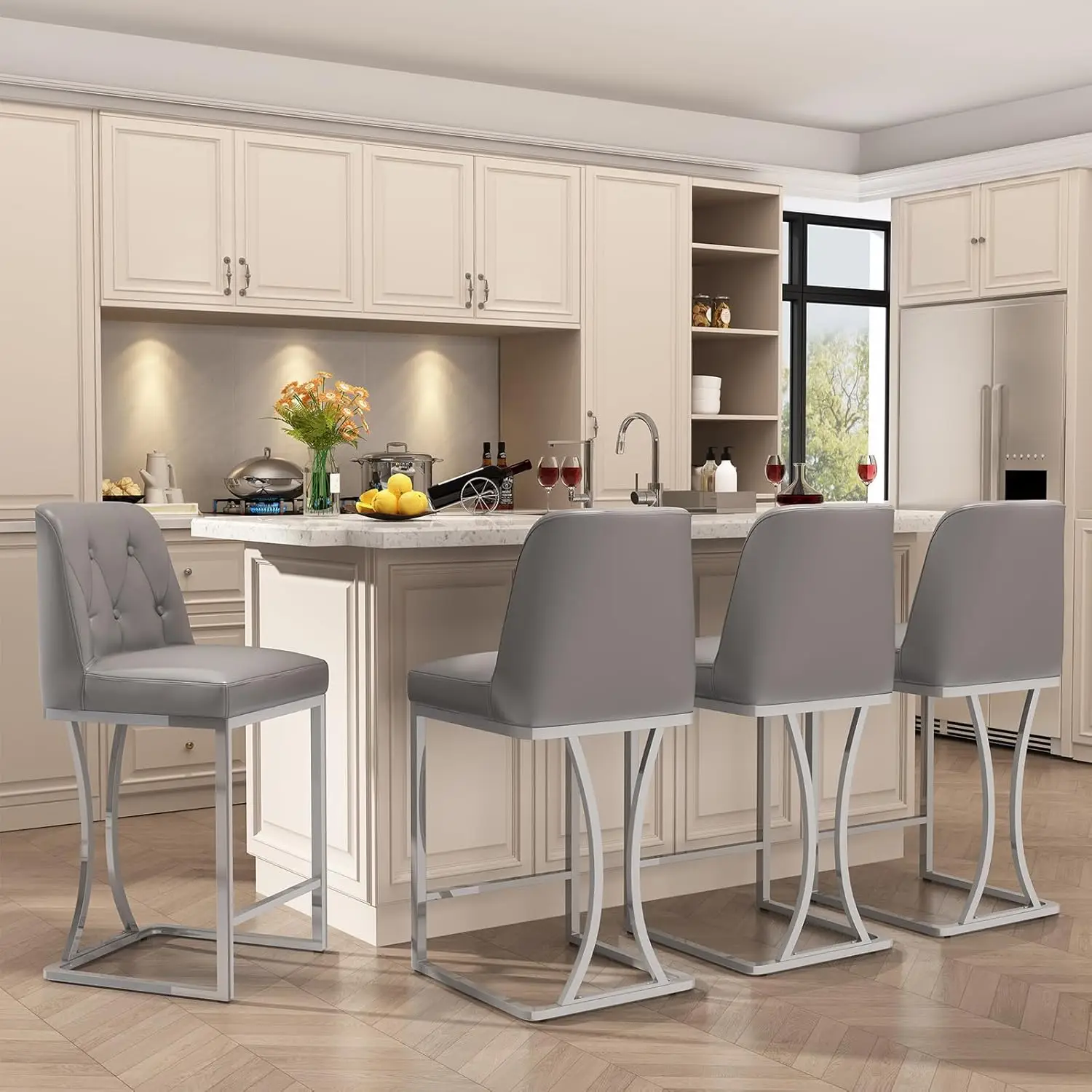 

24"" Counter Height Bar Stools Set Of 4, Grey Bar Stools With Back And Sliver Metal Frame, Modern Luxury Barstools With