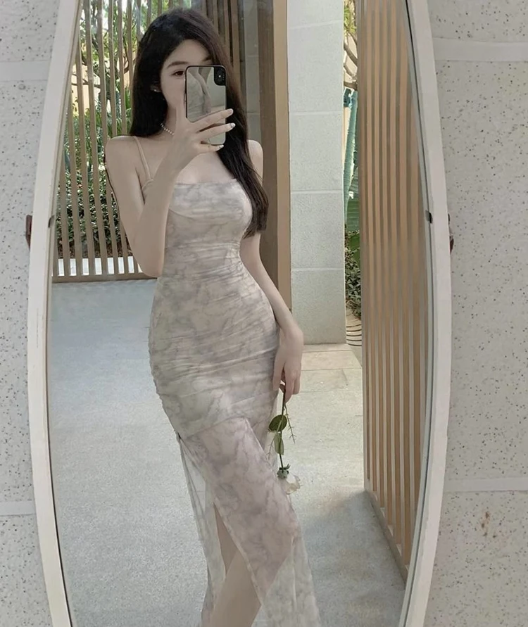 2025 الصيف مثير السباغيتي حزام طباعة سبليت فستان للنساء الكورية موضة سليم صالح ومزاجه التخسيس فستان طويل أنيق #6