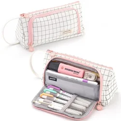 Child Stationary Pen Pencil Storage Bag Pen Bag Multi Layer Large Capacity Cosmetic Travel Storage Bag Simple Plaid Pencil Case