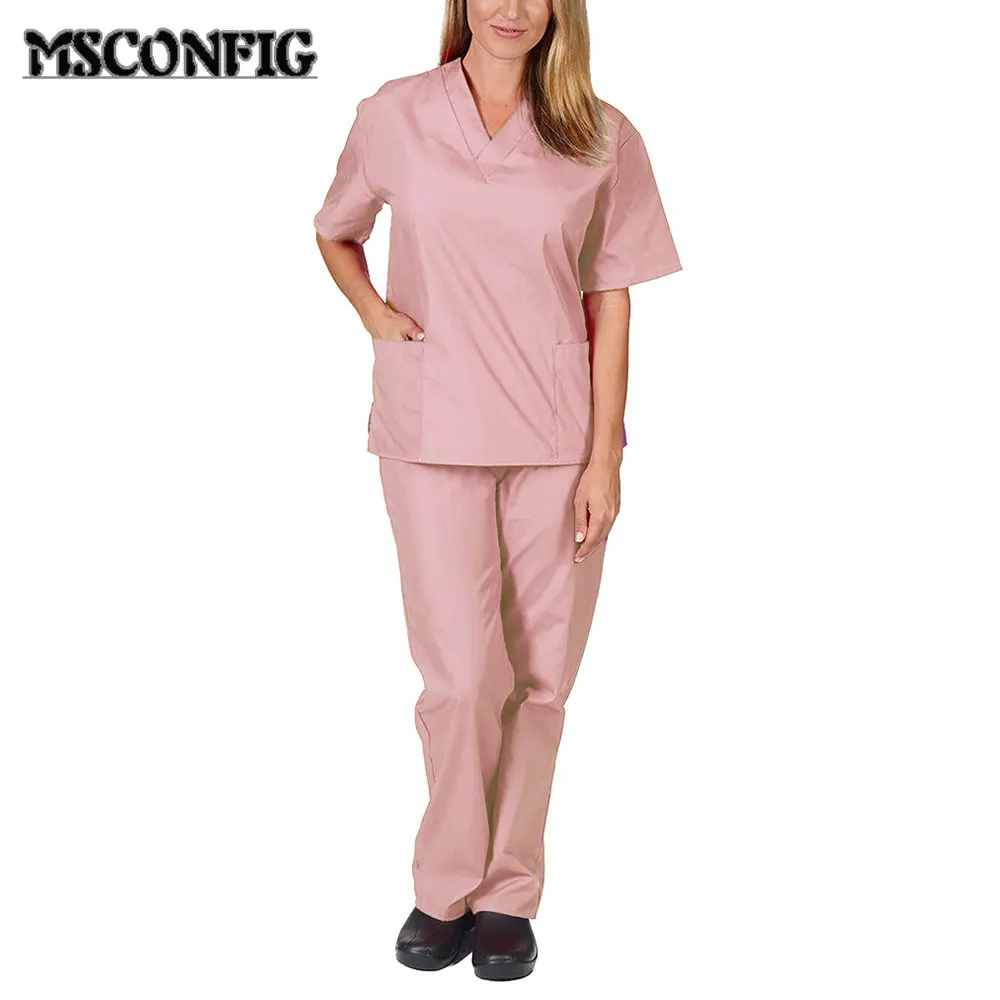 Primavera verão fino cor sólida enfermagem esfrega uniformes femininos elasticidade pet clínica enfermeira com decote em v médico trabalho roupas