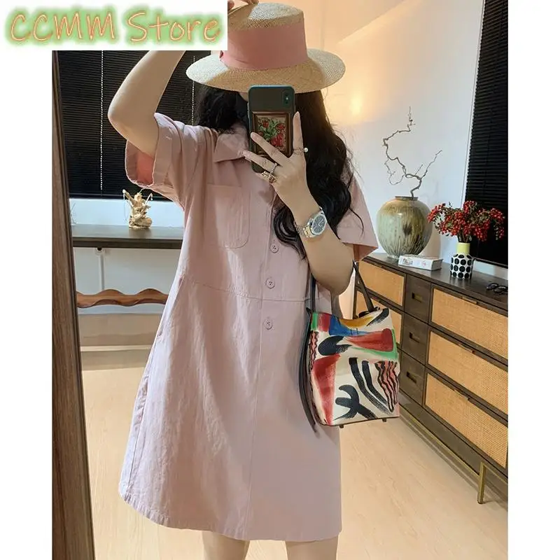 Fashion Lapel Button Pockets Solid Color Casual Dress Female Clothing Summer New Loose Short Sleeve Young Style Shirt Dress