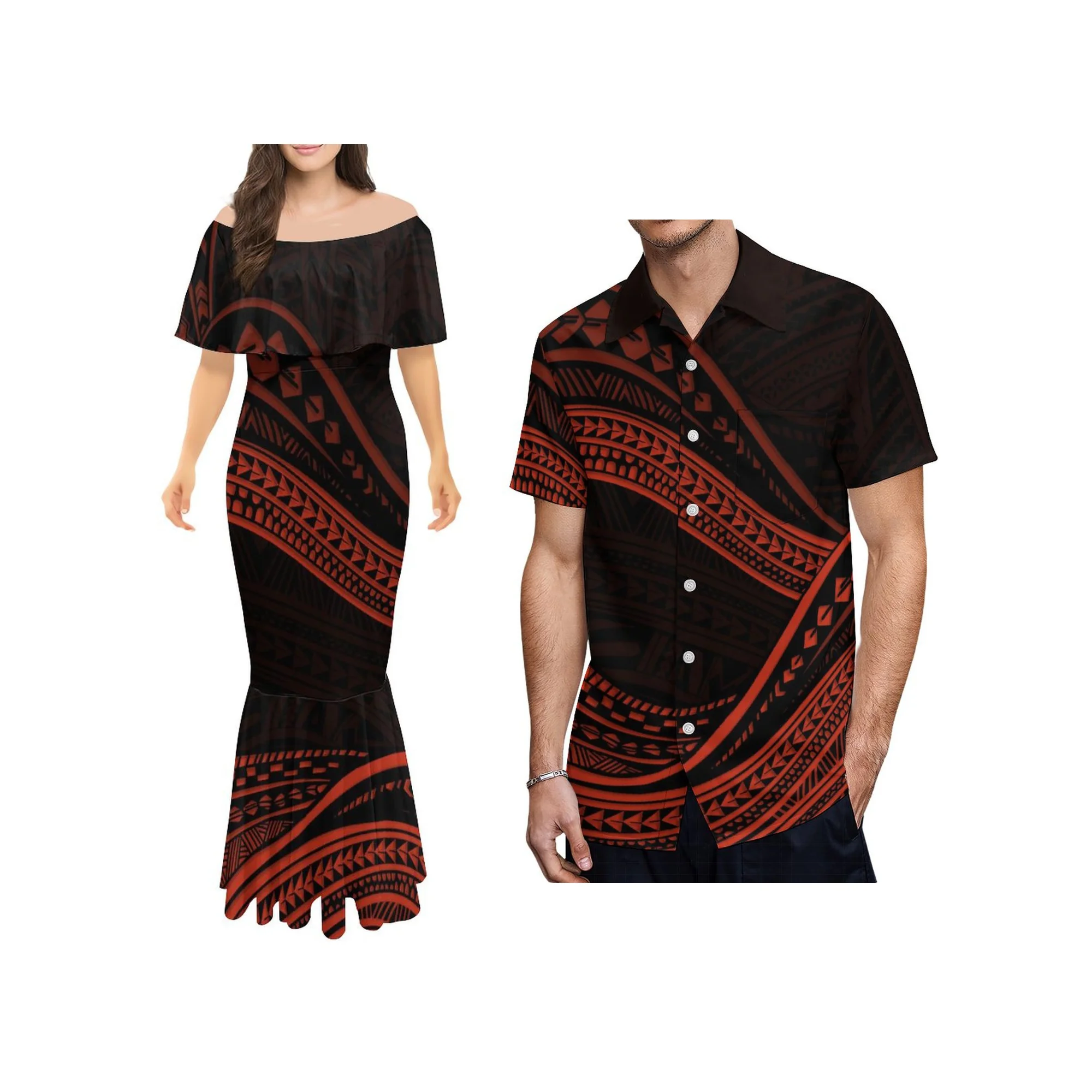 Manufacturer Custom Polynesian Tribal Printed Off Shoulder Mermaid Fishtail Dress Maxi Long Dress Shawl Evening Dress