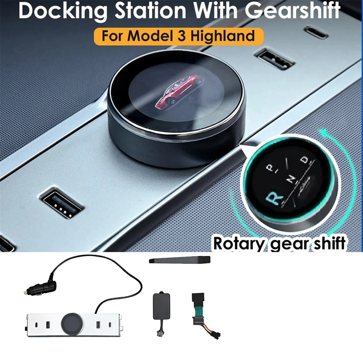 For Tesla Model 3 Highland Car LCD Gear Shift Button Control Docking Station USB Type-C Port 2 in 1 Shift Knob &