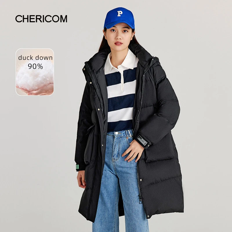 Chericom Medium Long Duck Down Jacket For Women 2024 Winter New Fashion Hooded Big Pocket Puffer Coats Casual Warm Jacket 278172