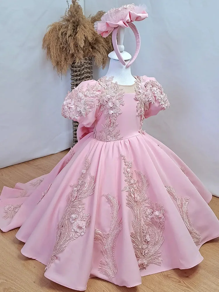 Girls Dress Pink Embroidery PrincessTailed gown Birthday Party Children Lace Pearl Ball Gown Big bow Sequinde Evening Dresses