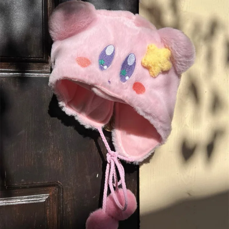 Pink Kirby Cute Thick Plush Hat & Gloves Warm and Windproof Winter Student Cartoon Gloves Set Anime Cute Plush Knitted Gloves