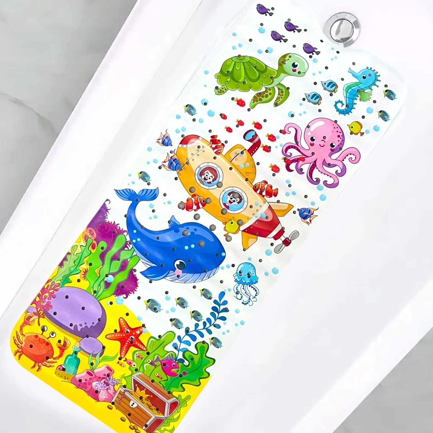 Cartoon bathtub mat with suction cups, 40x100cm, featuring playful animal designs.