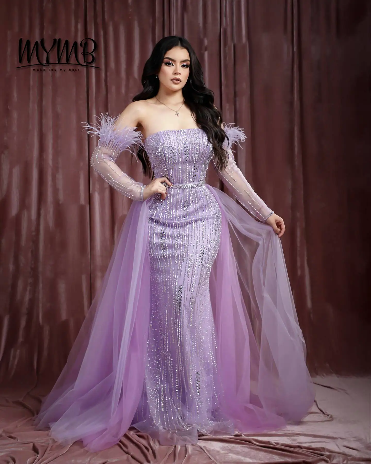 MYMB Luxury Purple Mermaid Off Shoulder Feather Beaded Evening Dress With Gloves Wedding Parties Gowns for Elegant Women MY30037