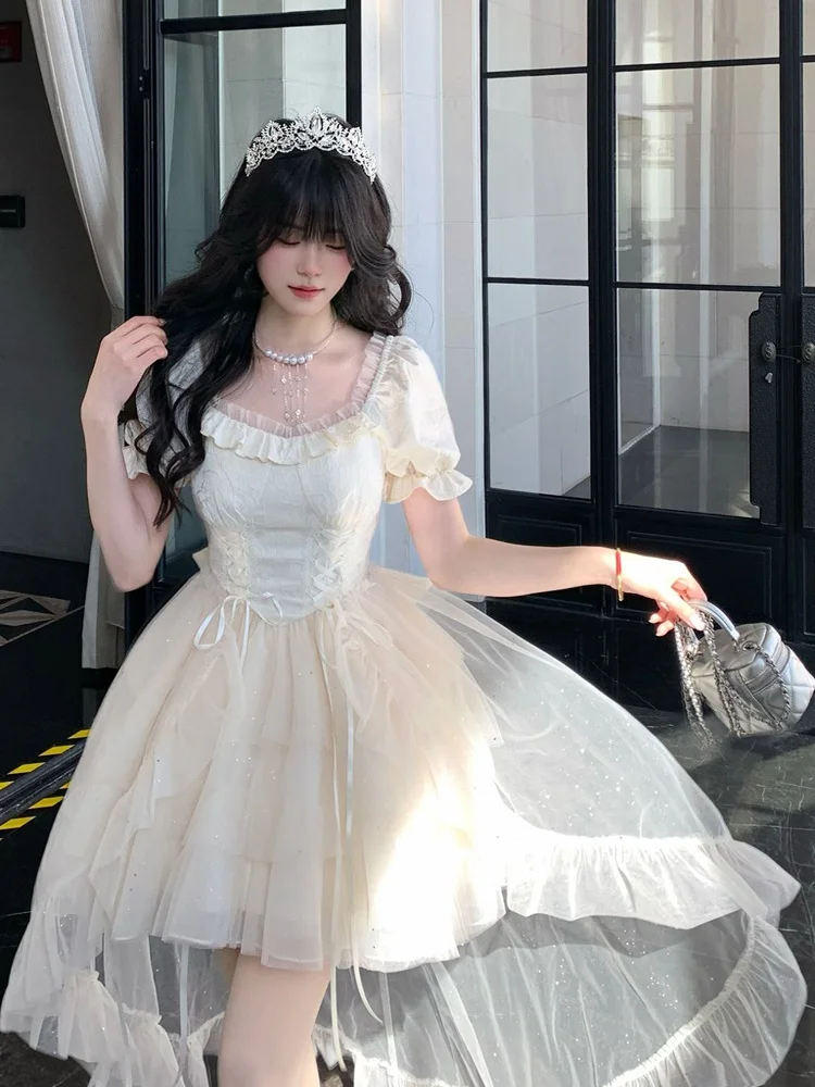 Elegant Princess Style Short Skirt with Large Bow Escape Design Mesh Dress Two Piece Set Women Summer Fashion Fleeing Princes...