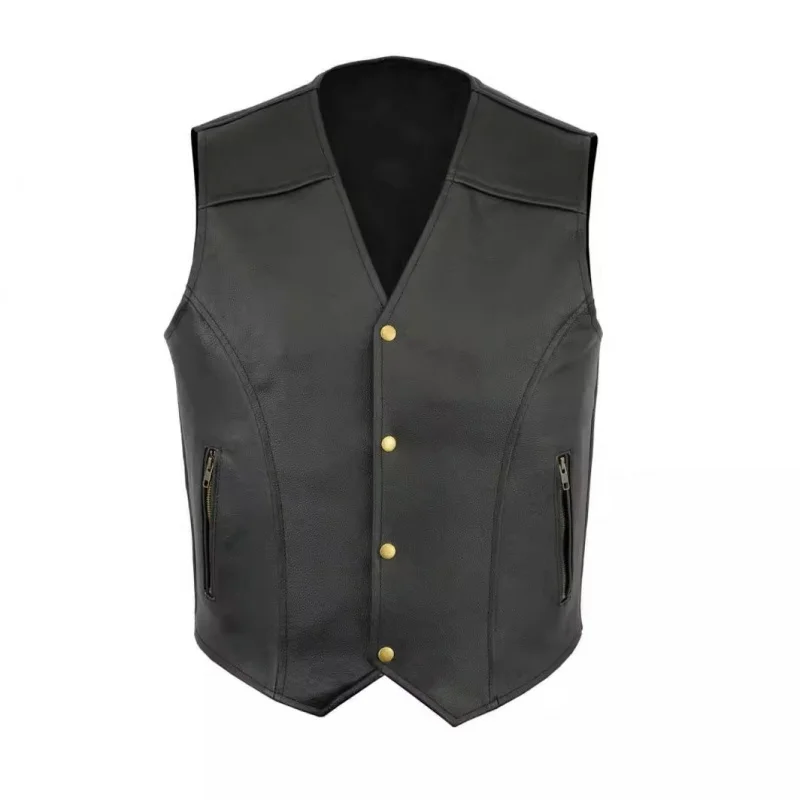 

2024Spring and Autumn Fashion Retro Men's Vest Outdoor Leather Waistcoat Single-BreastedVCollar