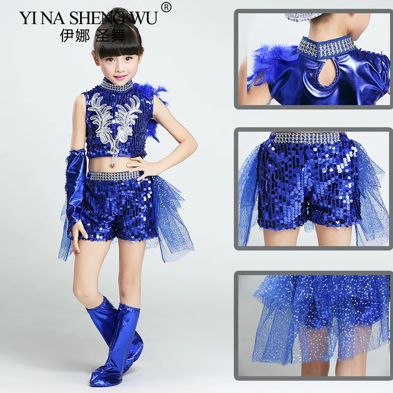 Kids Jazz Dance Costume Boys and Girls Blue Sequin Crop Top Suit Hip Hop Jazz Dance Performance Shirt Skirt Street Dance Wear