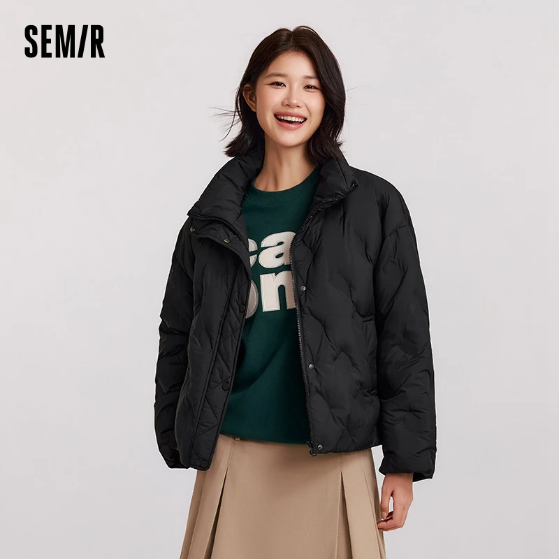 Semir Down Jacket Women Thin Houndstooth Loose 2024 New Winter Waterproof Windproof Stand-Up Collar Wear Down Jacket