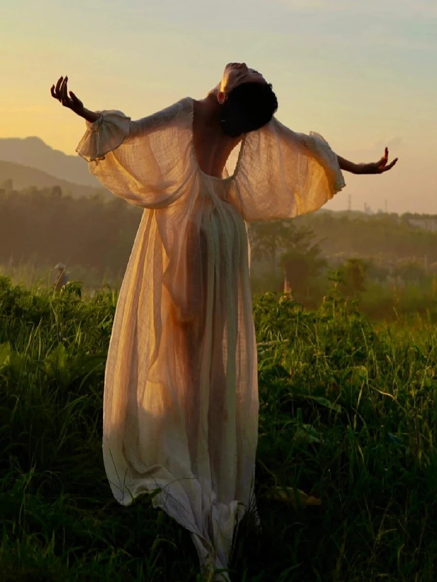 REDDACHiC Grecian Flowy Dress for Woman Linen Puff Sleeve Drawstring Solid Maxi Long Loose Sundress Boho Holiday Lounge Clothes