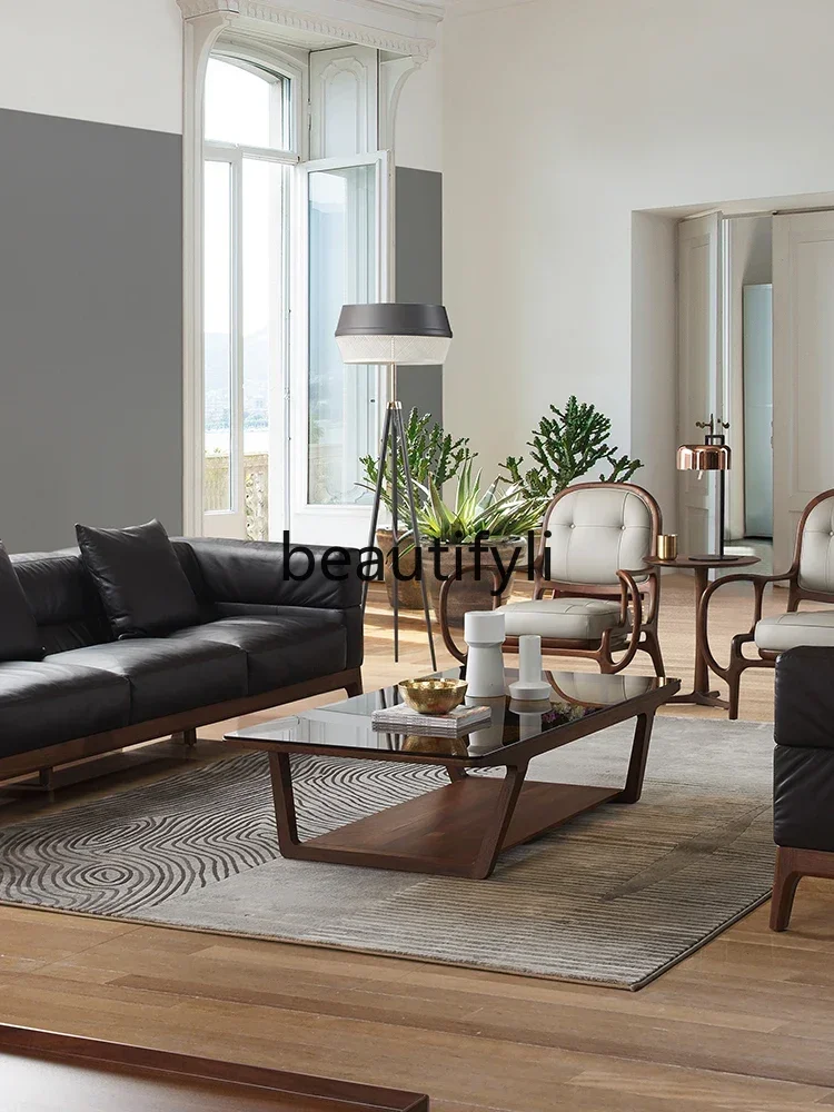 

Cy56 Light luxury solid wood coffee table tempered glass Italian black walnut living room storage large tea table