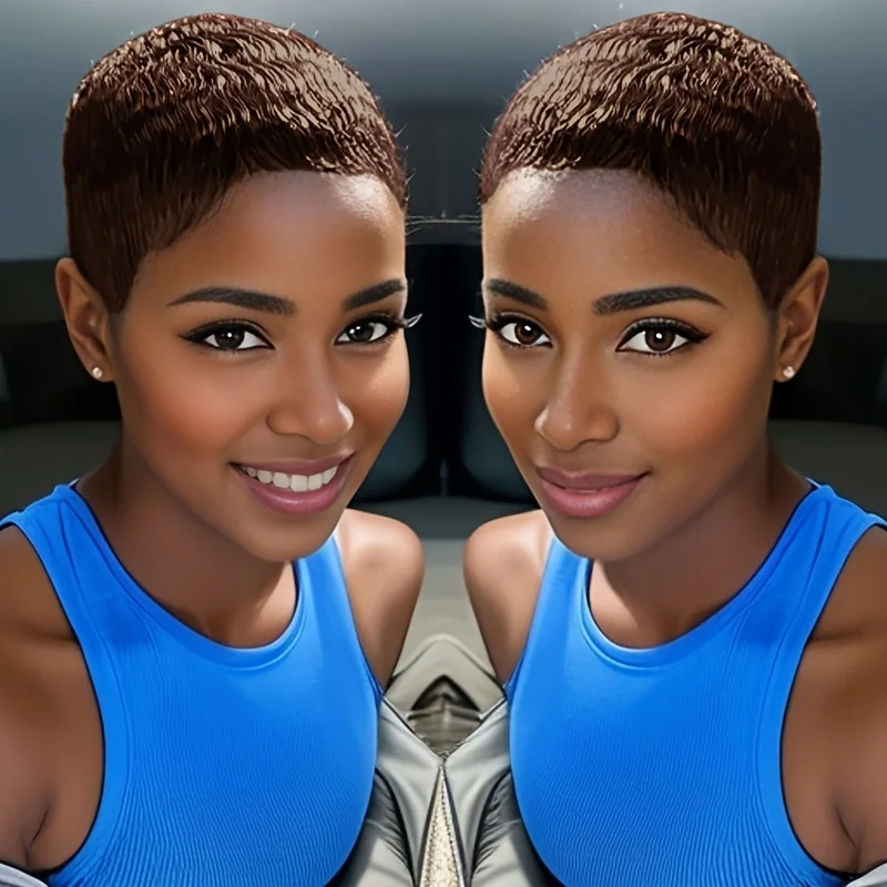 짧은 레이어드 픽시컷 인모 전체 머신메이드 가발 (앞머리 포함) 시원한 여름 가발