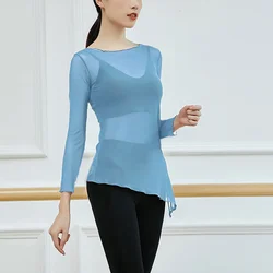 Modern Dance Practice T Shirts Women Blouses Slim Fit Stretch Mesh Transparent Tops Wavy Neck Split Dance T-Shirts Girls S-XL