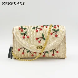 Wheat Straw Woven Women Shoulder Bag Bohemian Summer Beach Bags Cherry Banana Female Messenger Clutch Chain Flap Crossbody Bag