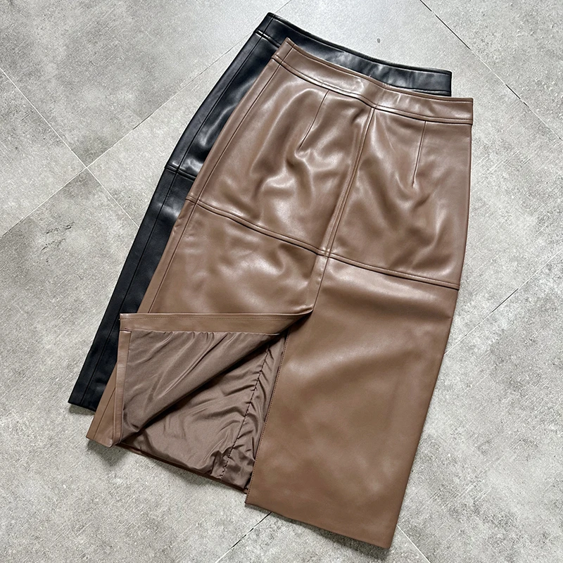 Fashion Mid Length Women Real Sheepskin Skirts Vintage Brown Front Split Female High Waist Skinny Hips Genuine Leather Skirts