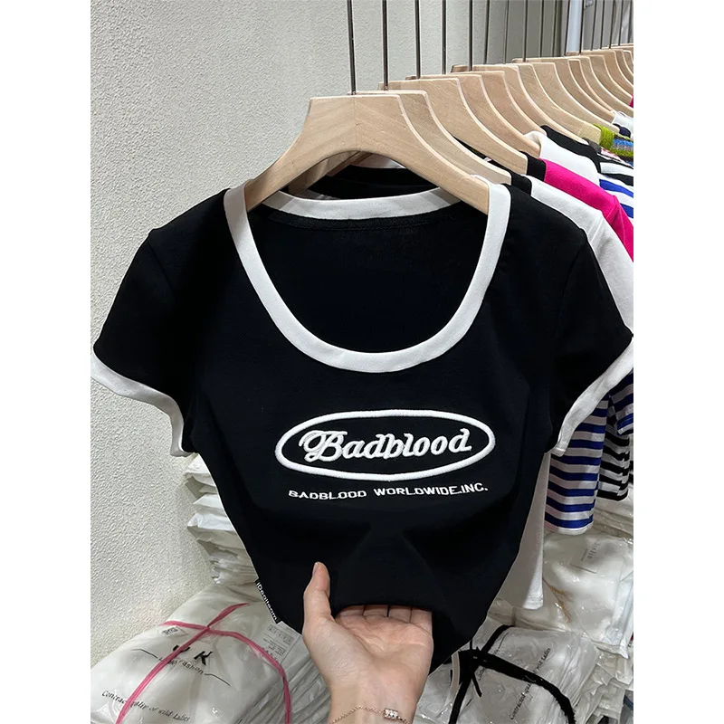 

6 8 10 12 14 15 big Girls Short Sleeve T-shirt 2023 Summer Contrast Letter Printing Slim Fit Childrens Fashionable Short Top tee