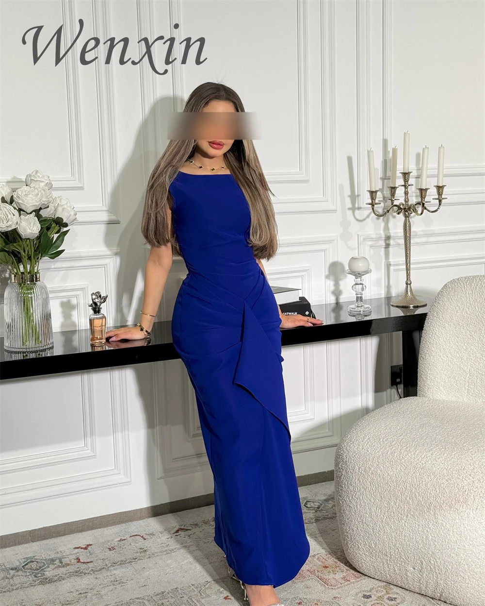 Robe de soirée en Jersey bleu personnalisée de haute qualité, sans manches, avec tempérament, robes de soirée pour occasions spéciales
