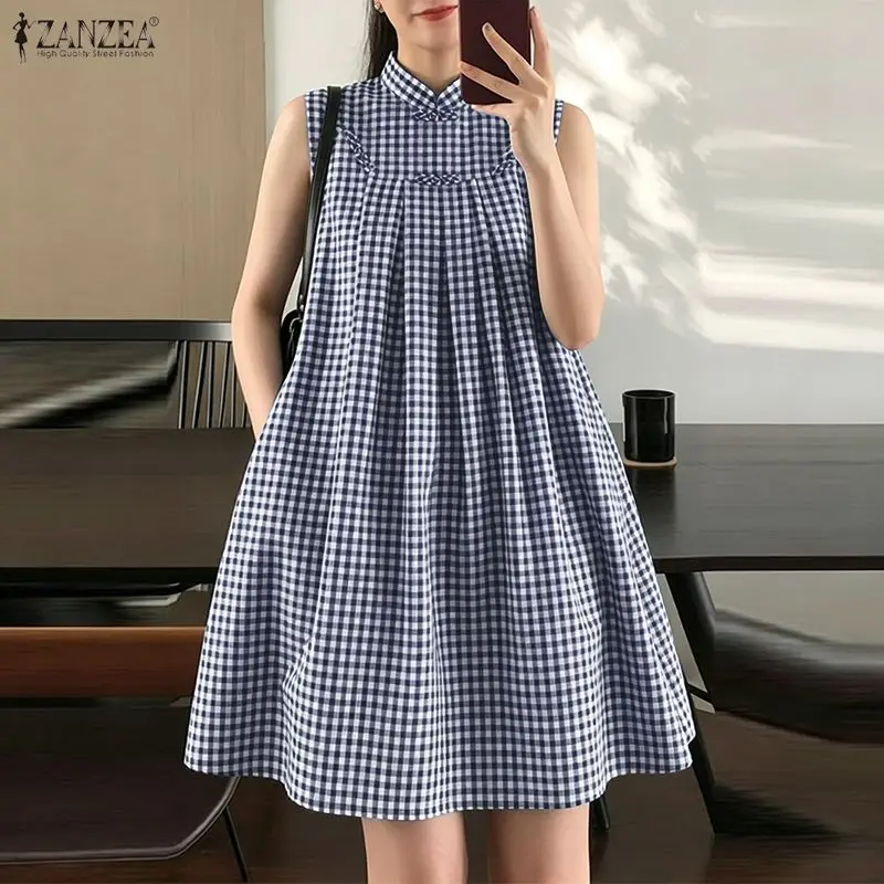 Stilvolles ärmelloses Sommerkleid 2026 ZANZEA Vintage kariertes Kleid für Damen mit Stehkragen, plissiert, Arbeitskleid, A-Linie, knielang