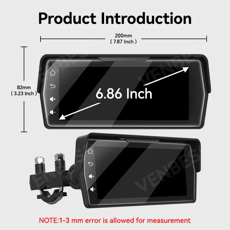 VENBES 6.86in Motorcycle Carplay Android Auto Carplay Waterproof IPS TouchScreen GPS Navigation Support Bluetooth WIFI