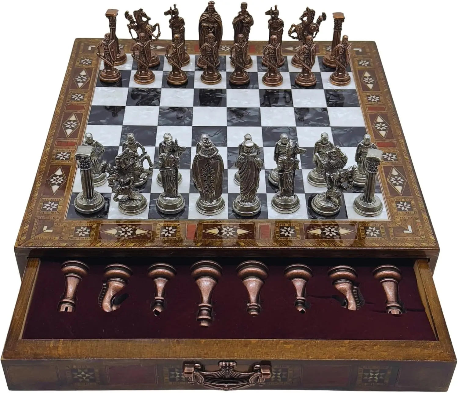 15’’ Chess Set with British Army Metal Chess Pieces, Luxury Storage Chess Board, for All Ages, Ideal for Father, (Black)