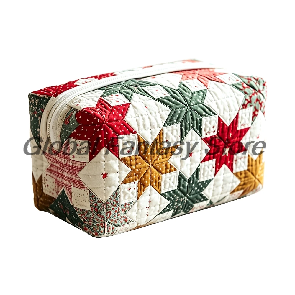 Christmas Star Quilted Makeup Bag Colorful Patchwork Travel Toiletry Bag Zipper Portable Cosmetic Bag For Women