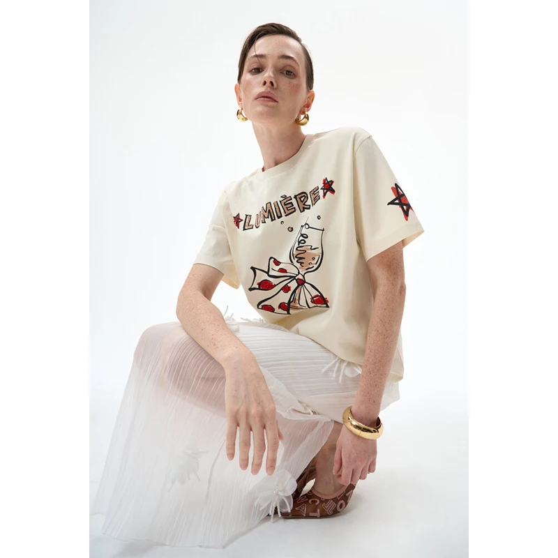 

Faionable Heavy Embellied T-irt Women's Premium Quali Printed Knot Wine Glass Design Casual Loose Fit Summe...