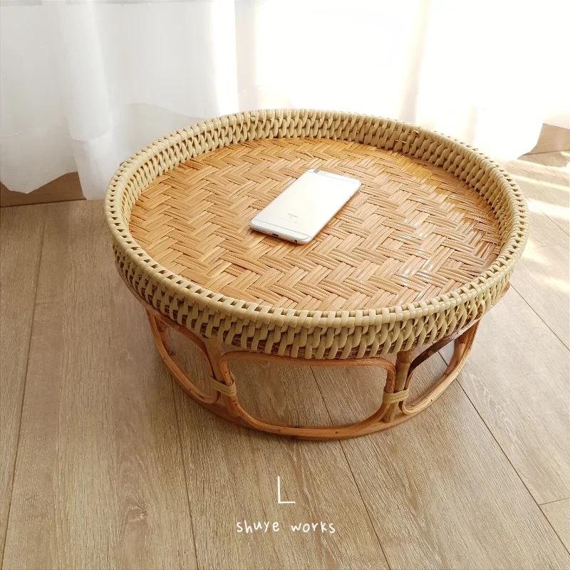 Japanese Rattan Woven Coffee Table, Handmade Bamboo Bed Table, Bay Window Snack Tray, Low Round Picnic Table, Natural Design