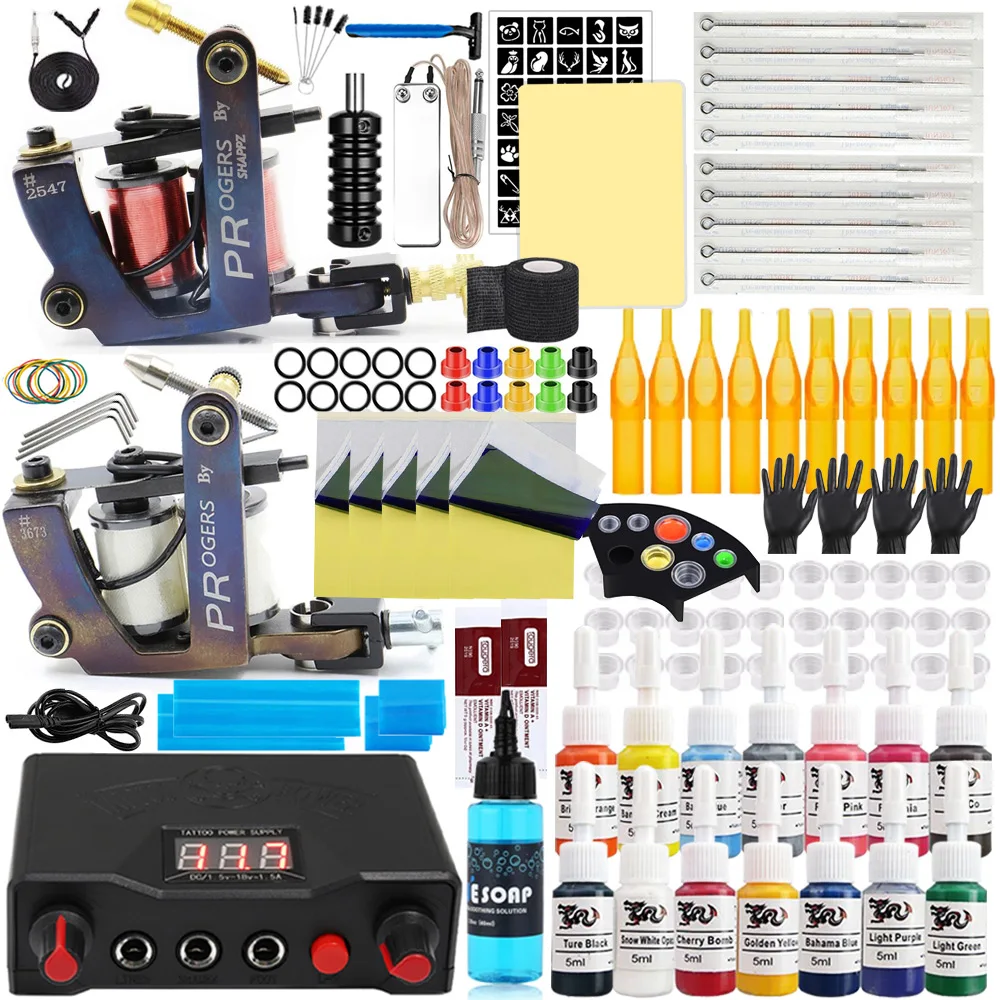 

Complete Tattoo Kit Machines Gun Ink Set Mini Power Supply Tattoo Gun Full Set Supplies with Long Needles for Permanent Makeup