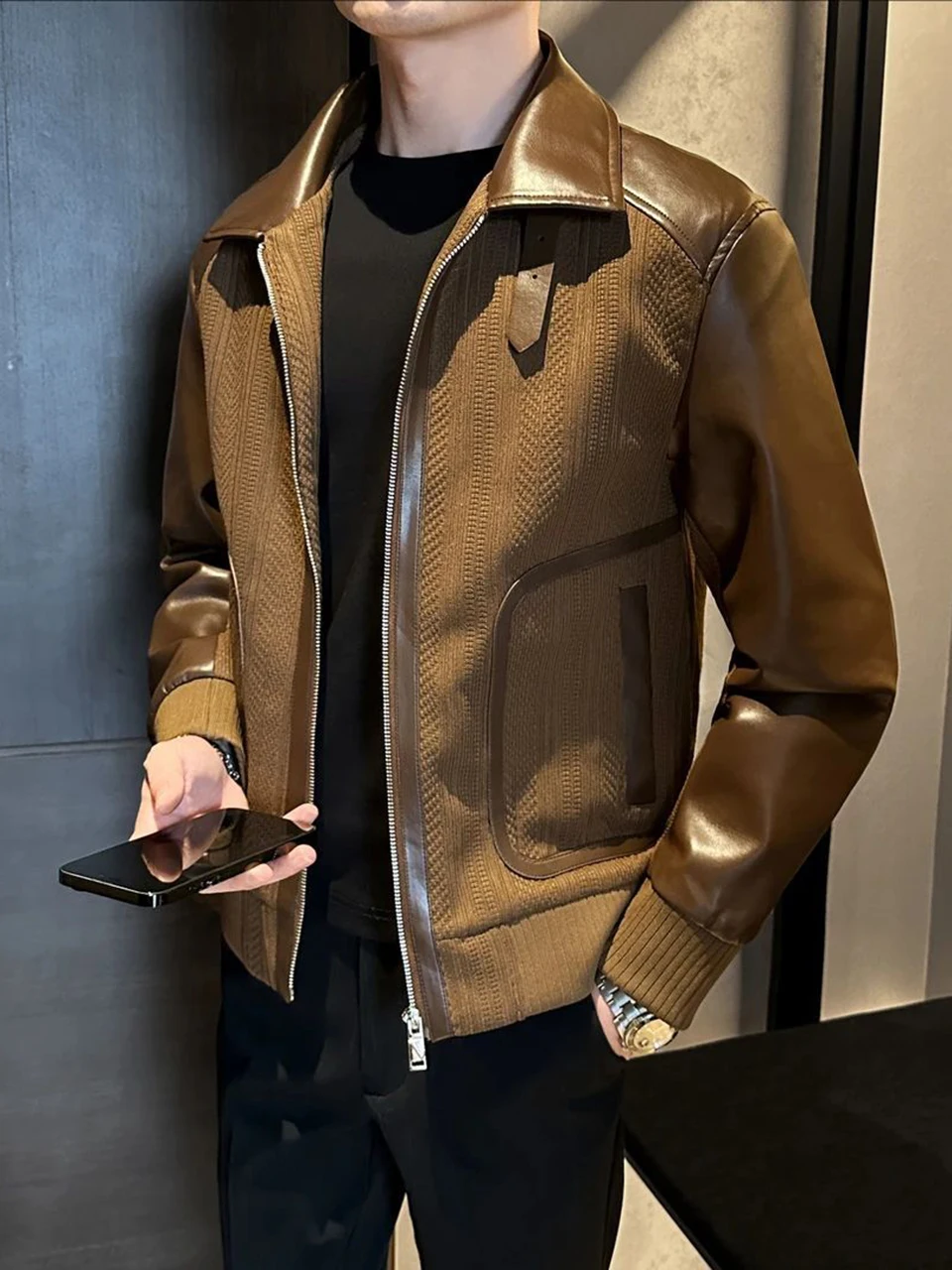 

Men's Leather Jaet Coat Knitted Collar Patchwork PU Leather Casual Sle Windproof Warmth Autumn Winter Faion Brand