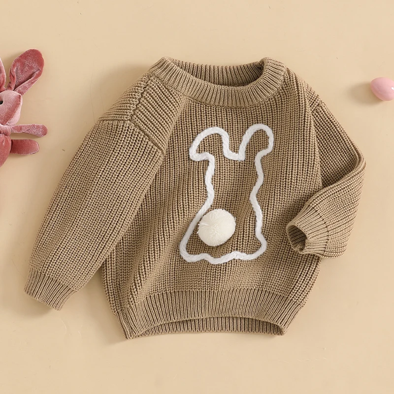 Toddler Easter Sweaters Bunny Plush Ball Long Sleeve Round Neck Ribbed Chunky Knit Jumper Tops 0-3 Years