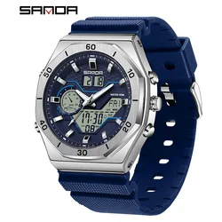 Sanda 6209 Men Waterproof Quartz Countdown Three Local Time Led Digital Watches Alarm Dual Movement Electronic Reloj De Hombre