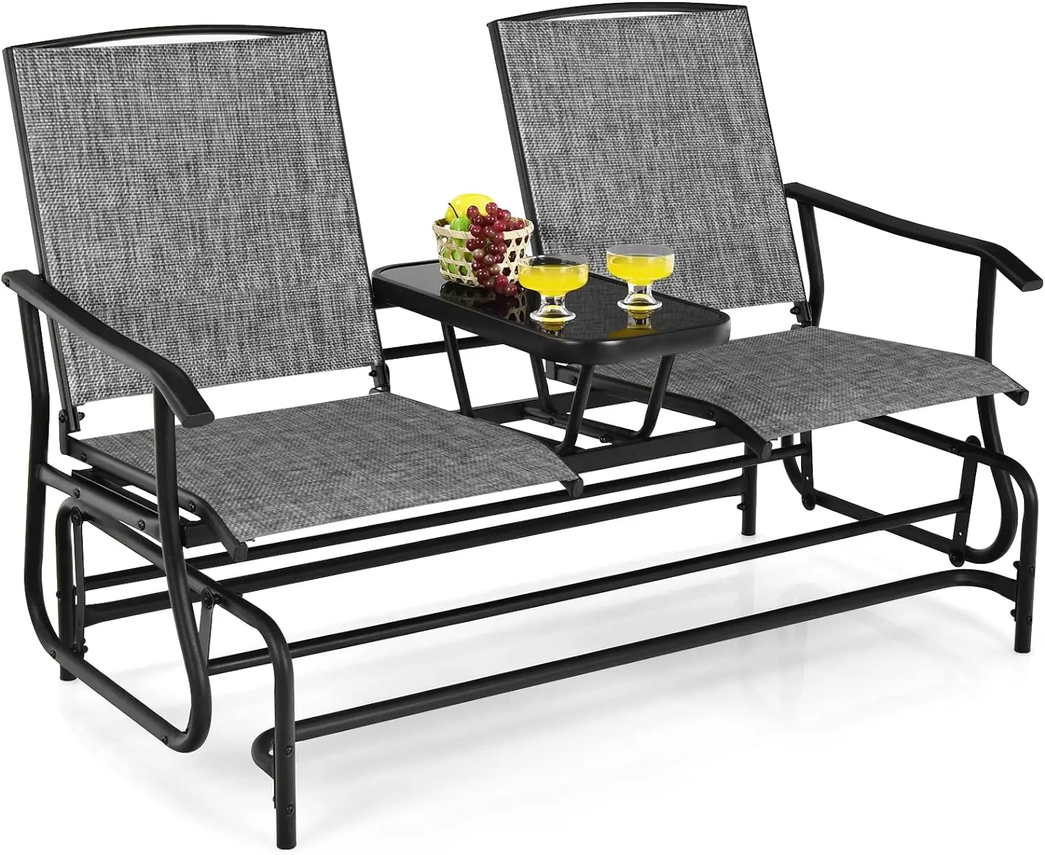 

2 Person Swing Glider Chair, Patio Rocking Loveseat w/Center Tempered Glass Table, Outdoor Swing Bench w/Steel Frame