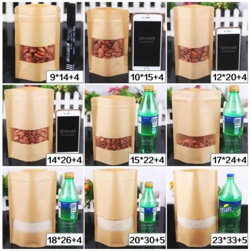 100pcs/lot 14sizes Frosted window kraft paper bag food stand-up bag gift packaging tea bag self-styled jujube plastic bag