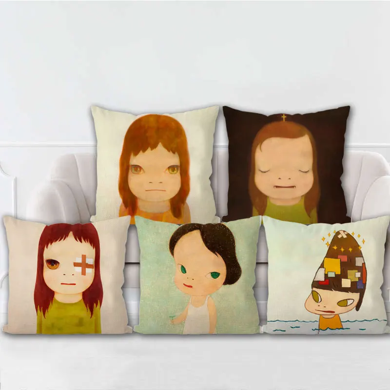 Hand Drawn Cute Big Head Child Cushion Cover Japanese Style Backrest Pillowcase Home Decorative Sofa Ornaments Girl Portrait