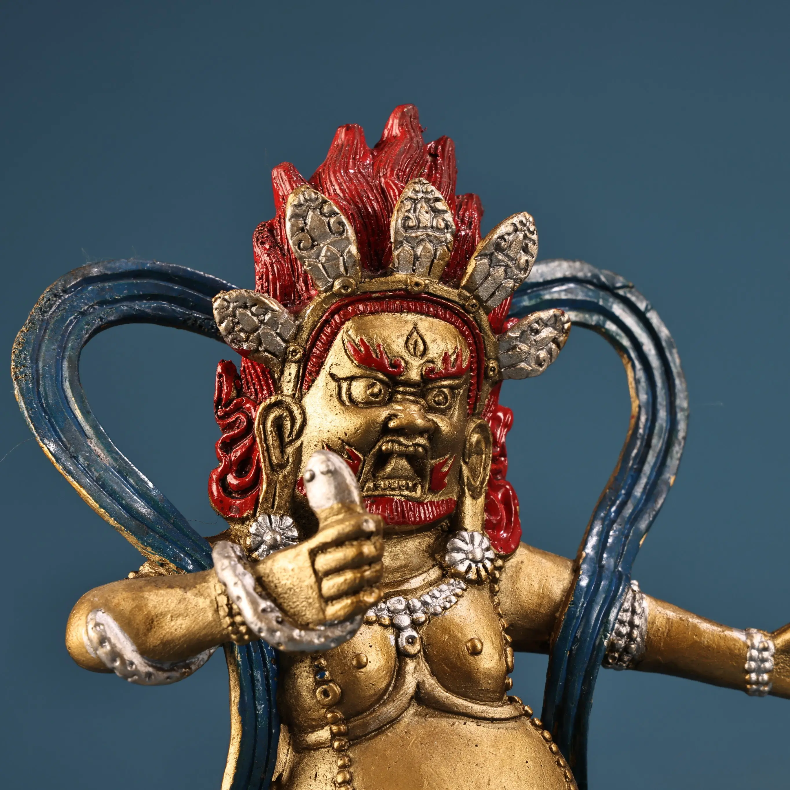 Copper High Relief Engraved Painted Gilded Dragon God Wealth Buddha Statue, Vintage Patina Fortune Deity Collectible Ornament