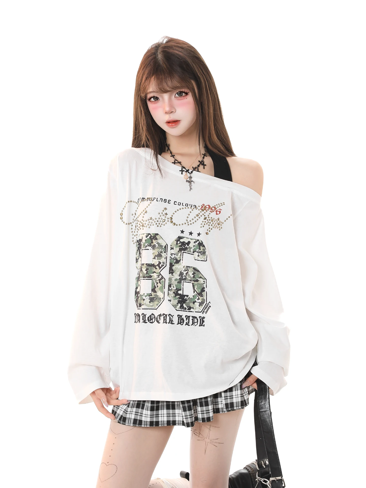 American Style Hot Girl Letter Print Long Sleeve Loose Casual Women's T-shirt Spring Thin Shoulder Cover up Top