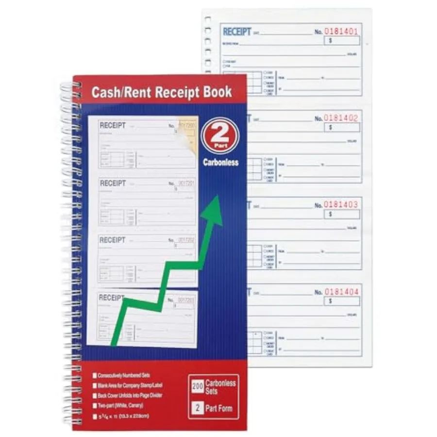 Money and Rent Receipt Book Spiral Bound Payments for Business Records Cash Receipt Book 2-Part Carbonless, 200 Sets, 5-1/4