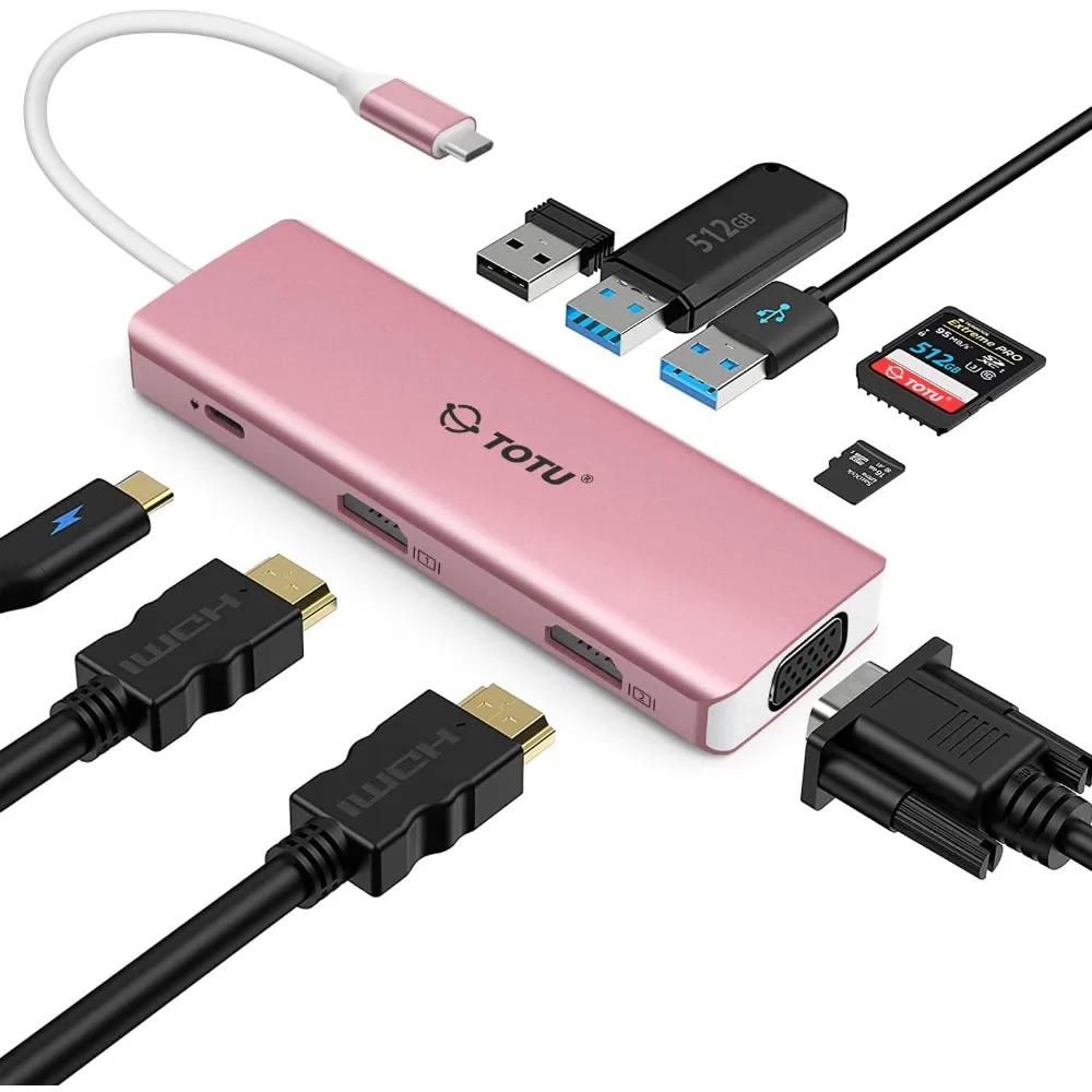 محطة إرساء ثلاثية العرض 9 في 1 USB-C مع HDMI 4K، VGA، توصيل طاقة 100 وات، و3 منافذ للاتصال المحسن