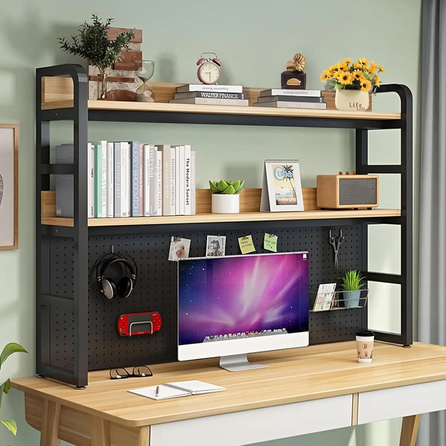 2 Tier Industrial Desktop Bookshelf, Desktop Bookcase for Computer Desk, Multifunctional Freestanding Storage Rack Display Shelf