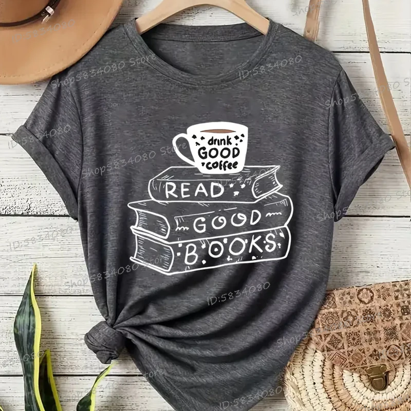 Casual Vintage Book Coffee T Shirt Women Trendy Bookish Short Sleeve T-shirt Book Lover Party Gift Coffee Lover Summer Clothes