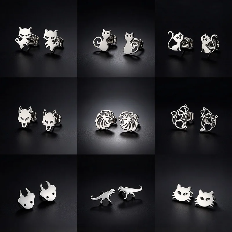 Cartoon Stainless Steel Ghost Cat Earring Eagle Wolf Ear Jewelry Girls Halloween Party Earrings Gothic Animal Gifts Accessories