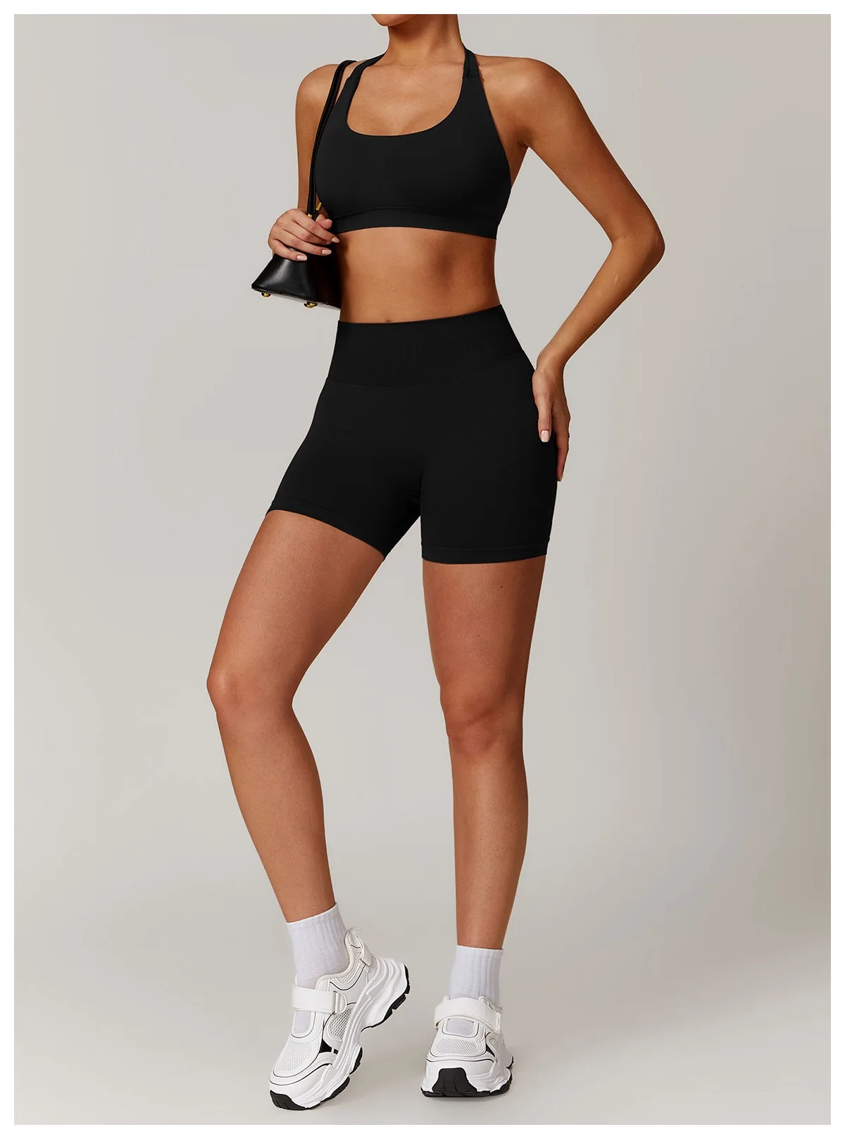 2-teiliges nahtloses Yoga-Outfit mit Neckholder-Top für Damen, Sport-BH, Shorts, Beauty-Back-Top, Lauf- und Fitnesshose, dehnbares, enganliegendes Set – Detail 7