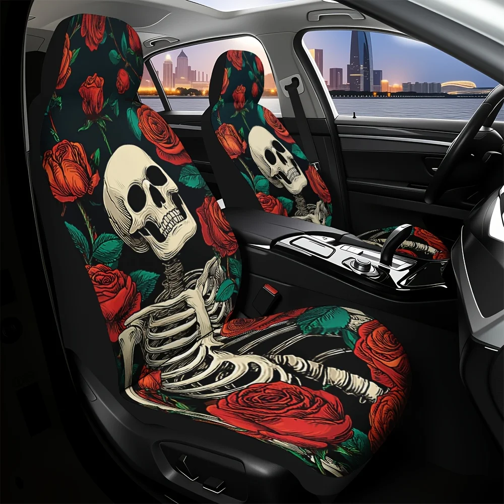 2pcs, Gothic Skeleton Red Roses Pattern Car Seat Covers, Durable And Comfortable, Universal Fit For Front Seats Of Cars And Truc