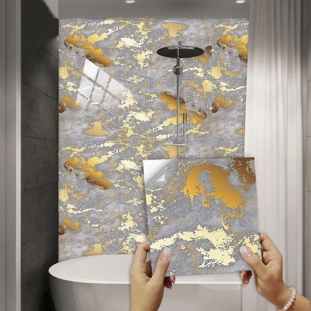 10pcs American Style Golden Marble Pattern Tiles Sticker Kitchen Backsplash Oil-proof Cupboard Waterproof Art Wall Decals