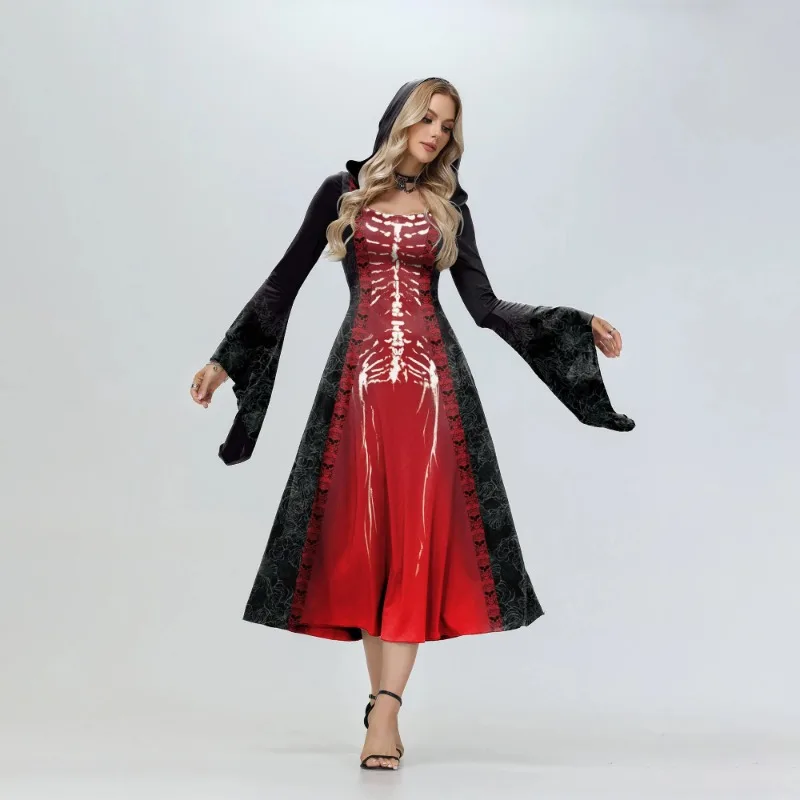 Disfraz de bruja de Halloween para mujer, capa con capucha malvada, vestido Medieval de manga acampanada, traje de fiesta de carnaval, bata de Cosplay femenina