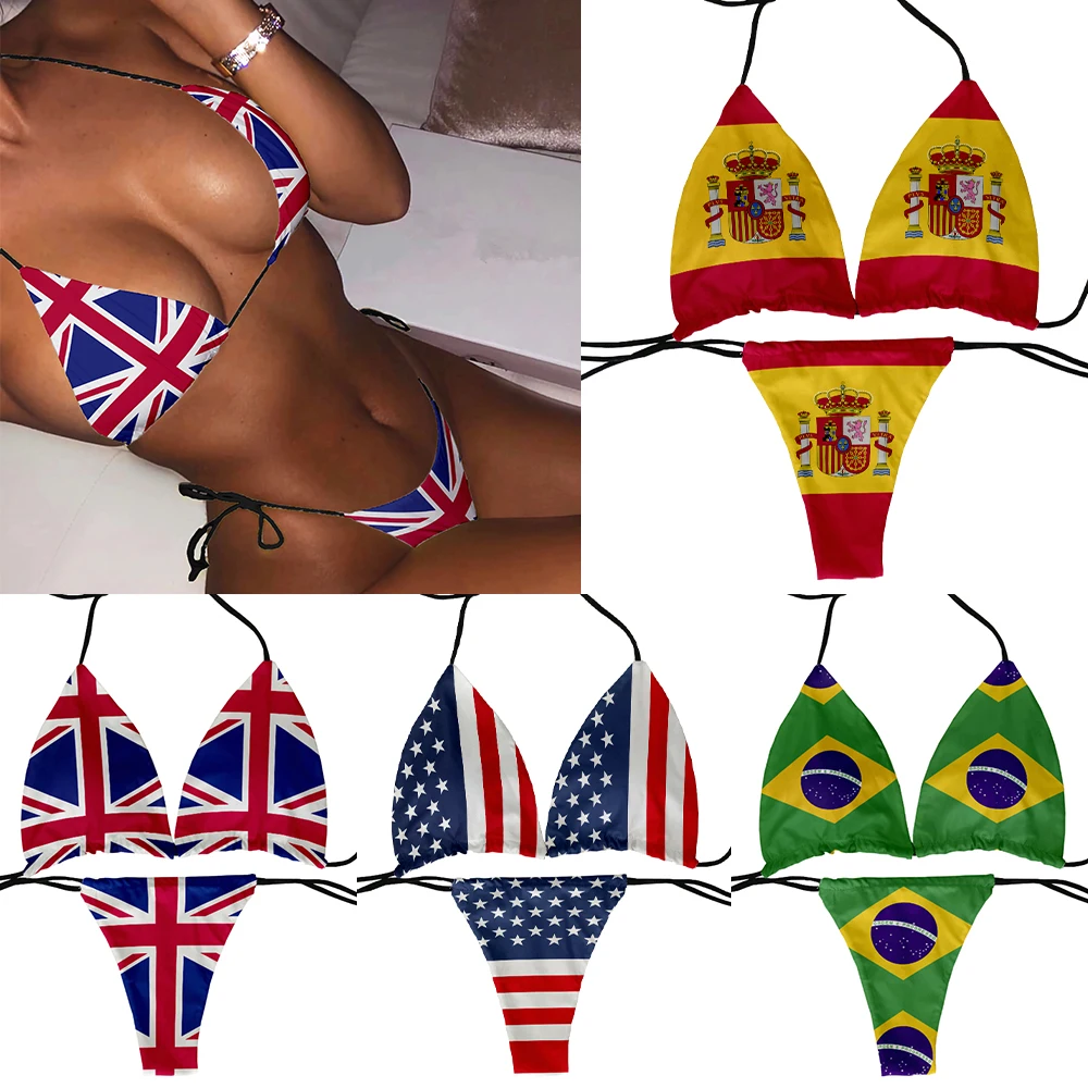 Fashion Flag Pattern 3D printing Swimsuit  Women Sexy Two Pieces Low Waist Halter Bathing Suits Beach bikini Surprise gift