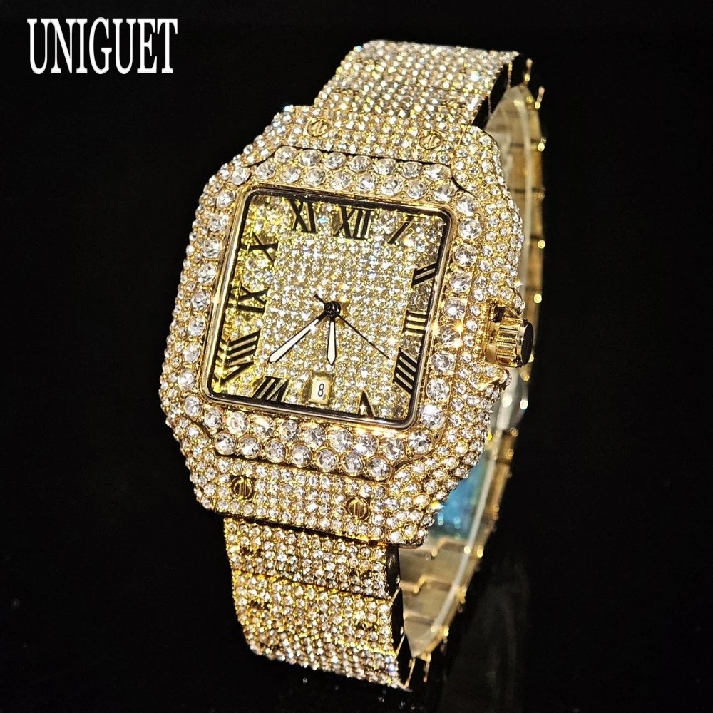 UNIGUET Luxury Iced Watches For Man Hip Hop Full Diamond Bling Jewelry Wristwatch Men With Date Fashion Gold Square Reloj Hombre